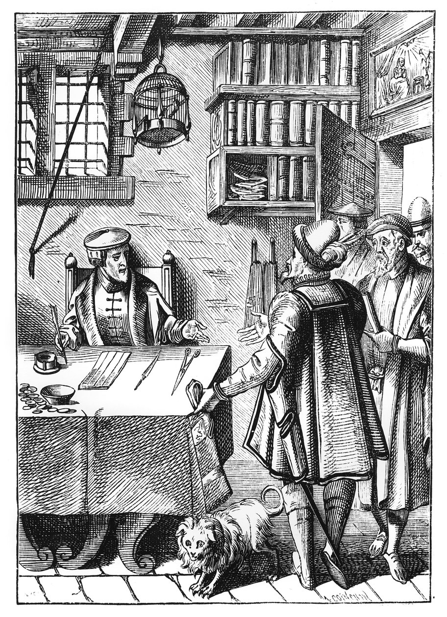 Skattemottagaren, efter ett träsnitt i Praxis Rerum Civilium av Joos de Damhouder (1507-81) publicerat Antwerpen, 1557 av Dutch School