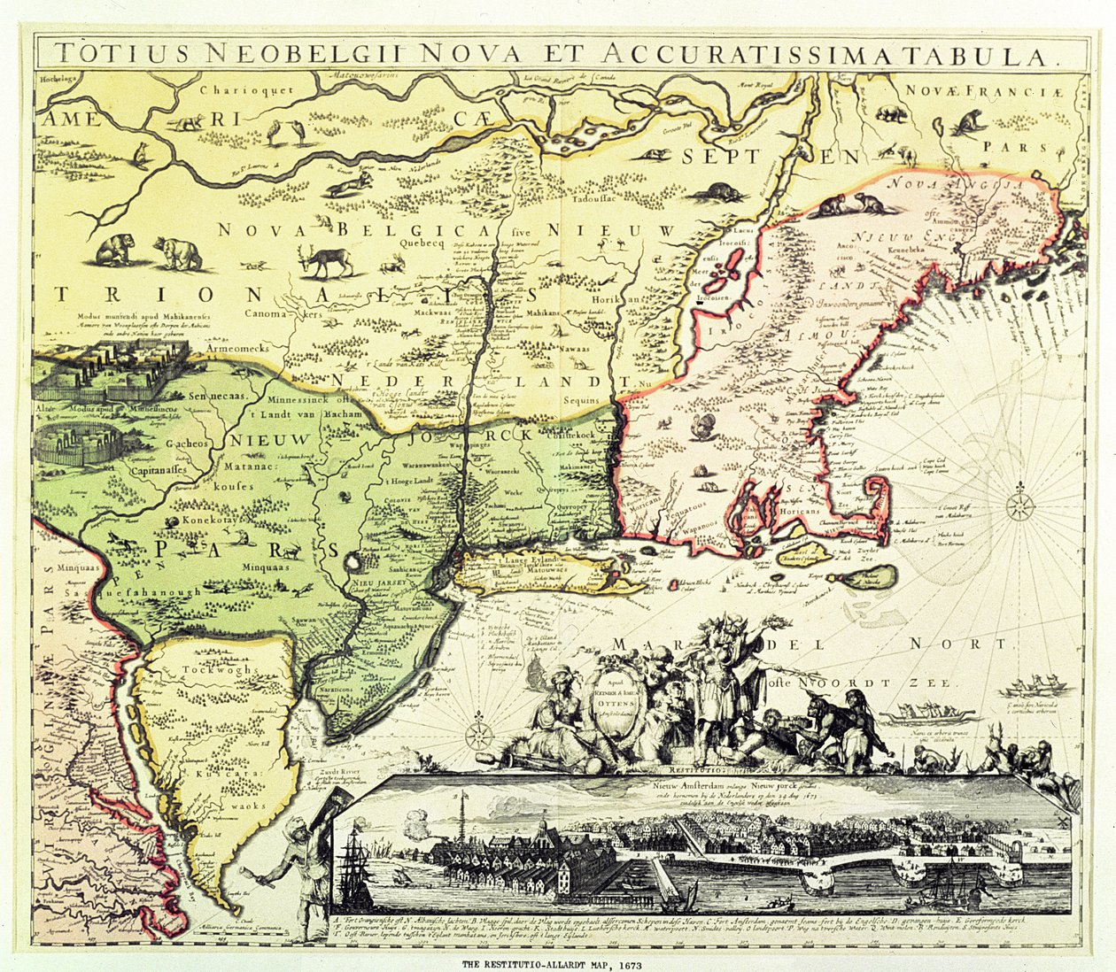 Restitutio-Allardt-kartan över New Amsterdam, graverad och pub. av Carolus Allardt, 1673 (kopparstick) av Dutch School