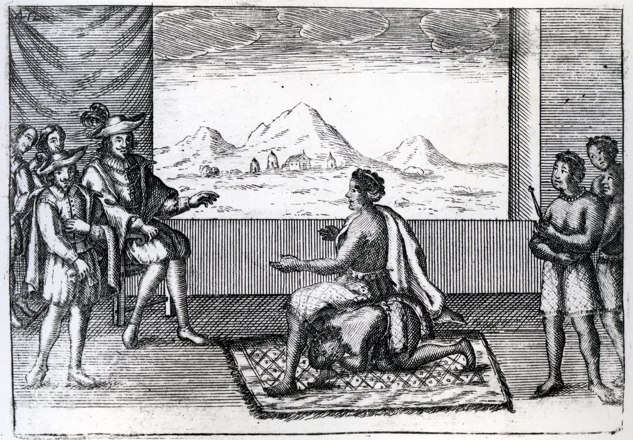 Mötet mellan drottning Nzinga av Ndongo och Joao Correia de Sousa, den portugisiske guvernören i Luanda 1622 (gravyr) av Dutch School
