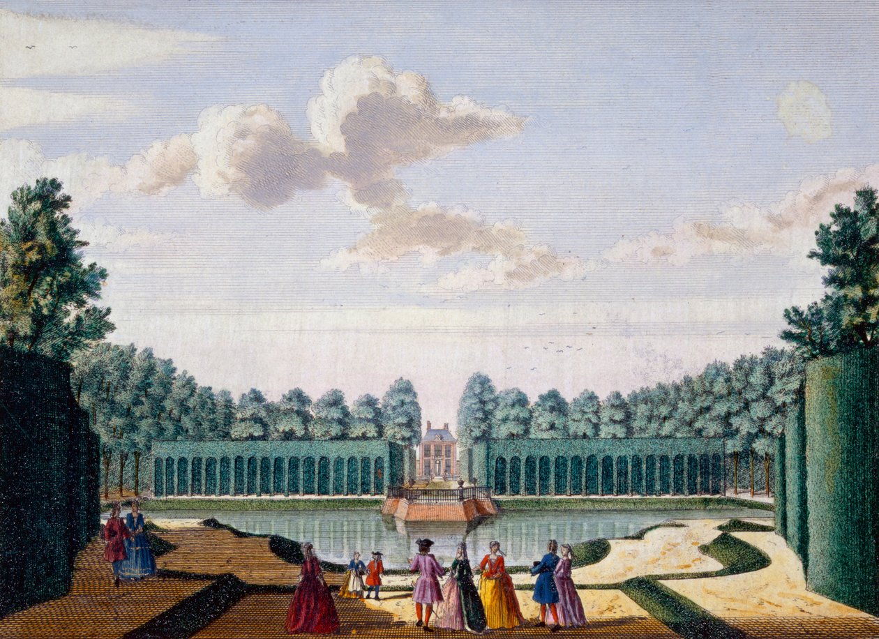Vägen bredvid dammen mot huset, Meerestein, från Her Zeganpralent Kennemerland av Hendrik de Leth och Matthias Brouerius Van Nidek, publicerad ca 1700-1730 av Dutch School
