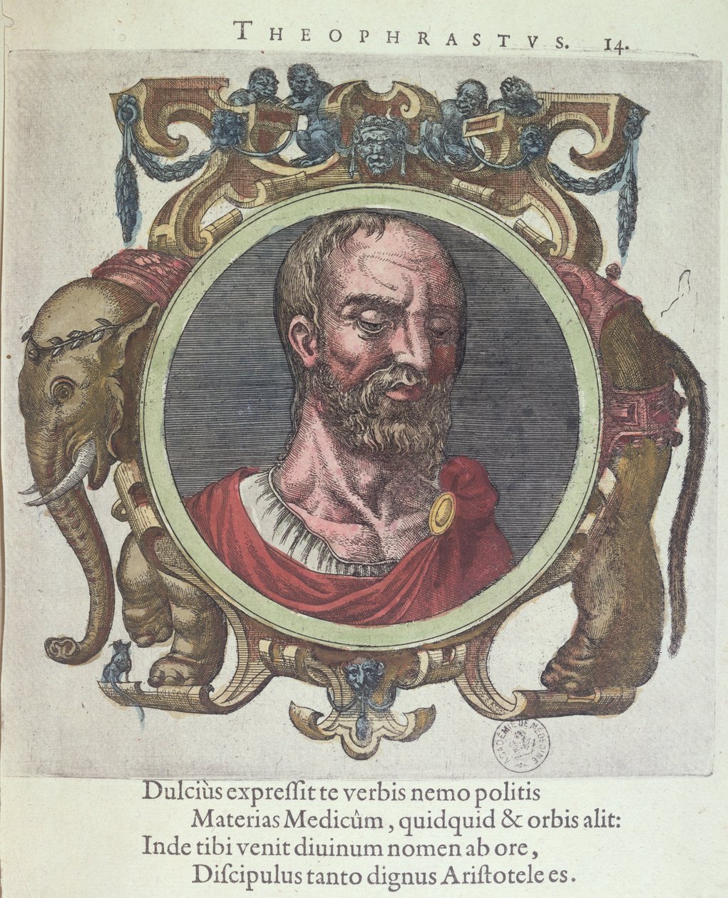 Theophrastus (c.372-287 f.Kr.), illustration från Gamla och nyare fysik och filosofer av Johannes Sambucus (1531-84), utgiven av Plantin i Leyden 1603 (färgstick) av Dutch School