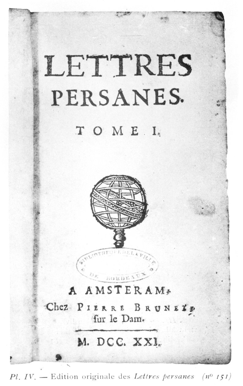 Titelsidan för De persiska breven av Charles de Montesquieu (1689-1755) 1721 av Dutch School