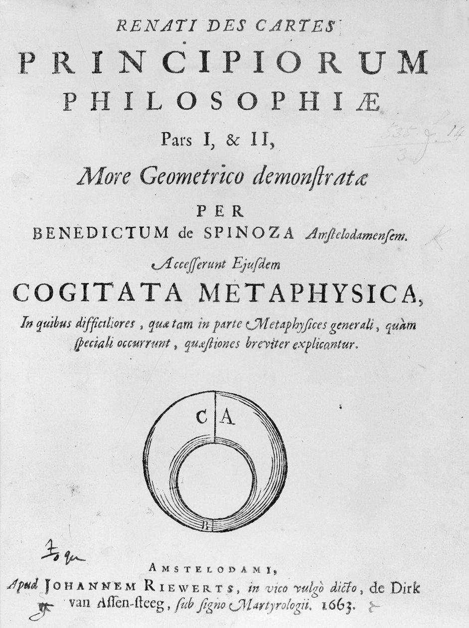 Titelsida till René Descartes filosofiska principer av Baruch Spinoza, publicerad 1663 av Dutch School