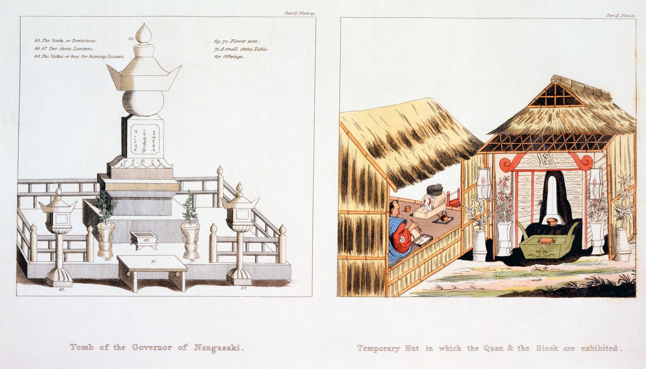 Nagasakis guvernörs grav och andra begravningsobjekt, från Illustrations of Japan av Issac Titsingh, publicerad London 1822 av Dutch School