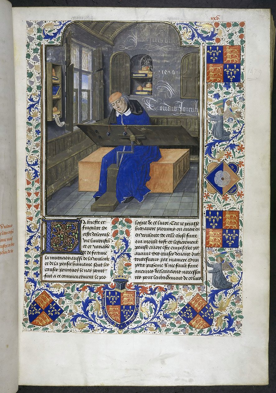 Översättare på jobbet, från Facts and sayings memorabilia (eller Les Faits et les Dits des Romains), Royal 18 E III, f.24 av Dutch School