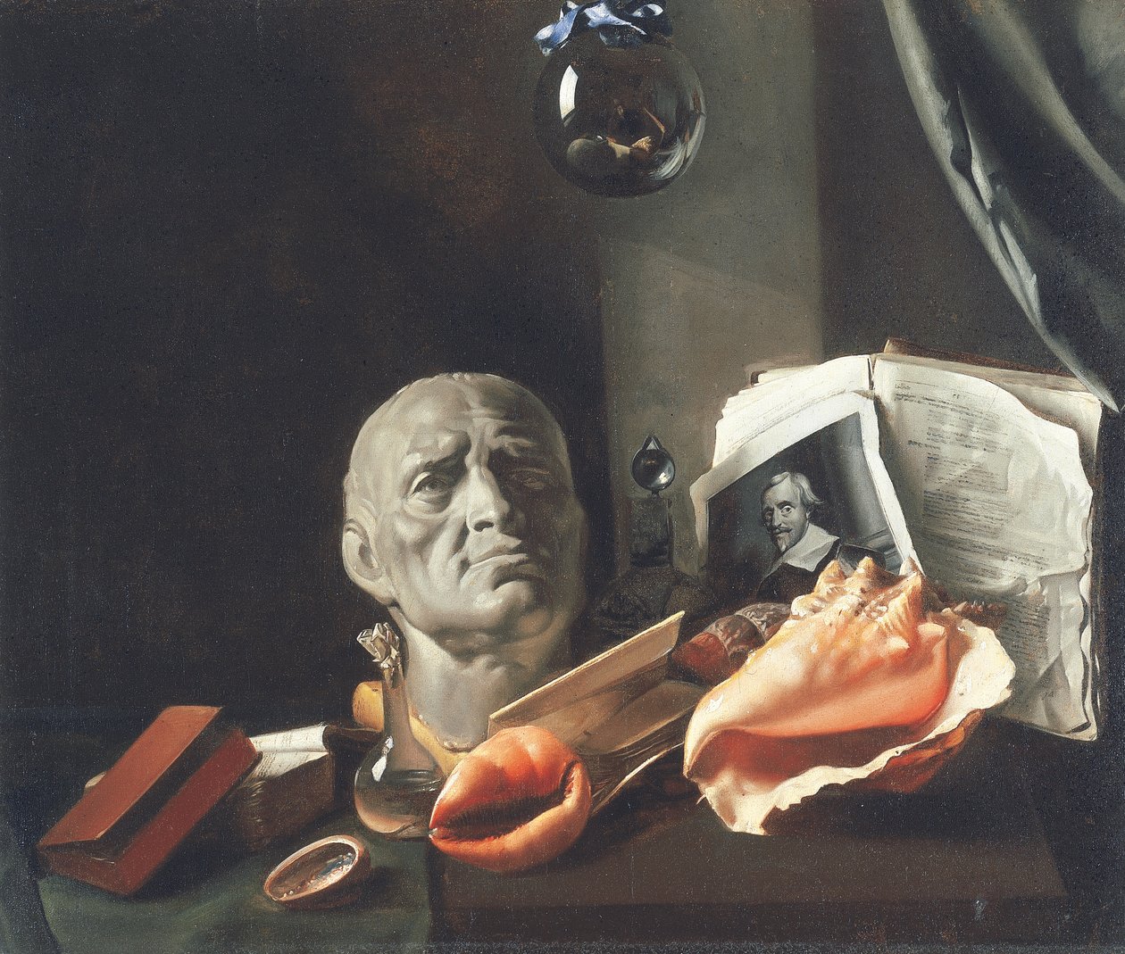 Vanitas stilleben med byst, snäckskal, böcker och glasflaskor (olja på duk) av Dutch School