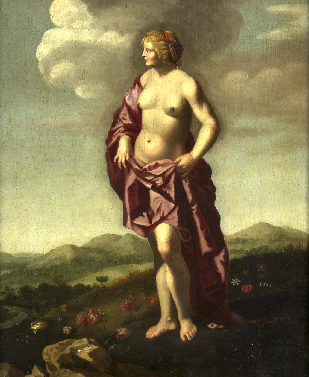 Venus i ett landskap (olja på panel) av Dutch School