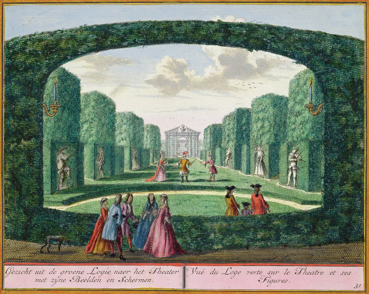 Utsikt från den gröna loggian till teatern, från Het Zeganplant Kennemerlant, av Hendrick de Leth och Matthias Brouerius Van Nidek, publicerad ca 1700-1730 av Dutch School