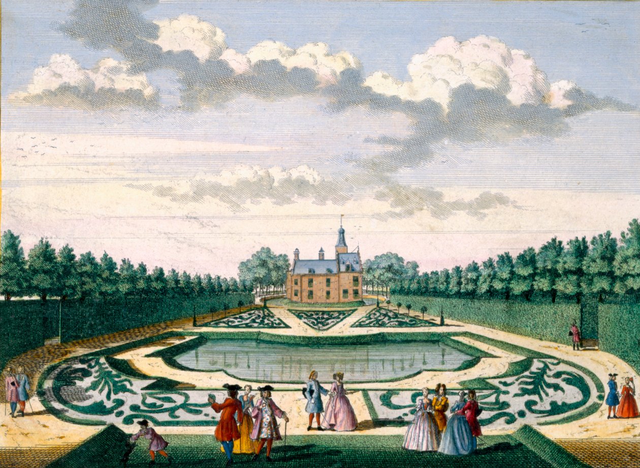Utsikt över Adrichem House med trädgården och den stora damm, från Het Zeganpralent Kennemerlant av Hendrick de Leth och Matthias Brouerius Van Nidek, publicerad ca 1700-1730 av Dutch School