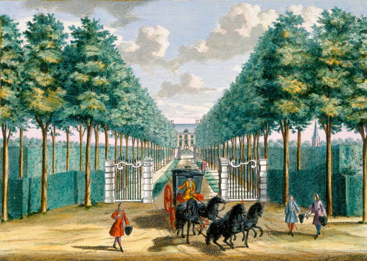 Utsikt över Velserbeek House från uppfarten och entrén, från Het Zeganpralent Kennemerlant av Hendrick de Leth och Matthias Brouerius Van Nidek, publicerad ca 1700-1730 av Dutch School