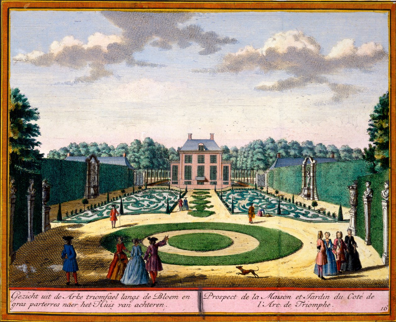 Utsikt över huset och trädgården nära triumfbågen, från Her Zeganpralent Kennemerland av Hendrik de Leth och Matthias Brouerius Van Nidek, publicerad ca 1700-30 av Dutch School