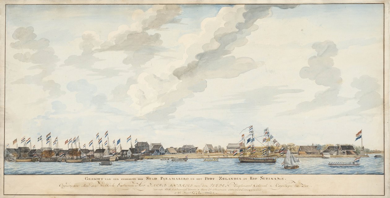 Utsikt över staden Paramaribo och Fort Zeelandia, 1772 av Dutch School