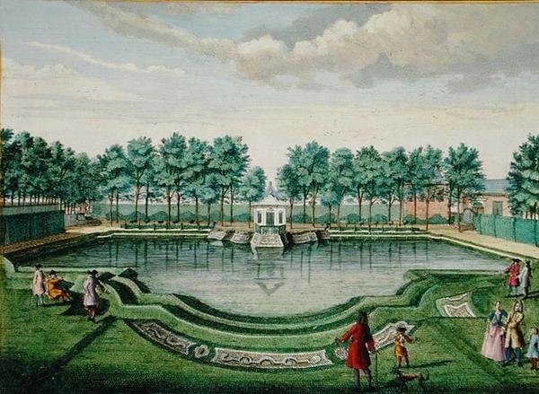 Utsikt över hjortparken vid den stora sjön och paviljongen, från "Her Zeganplant Kennemerland", av Hendrik de Leth och Matthias Brouerius Van Nidek, publicerad ca 1700-1730 (färgad gravyr) av Dutch School