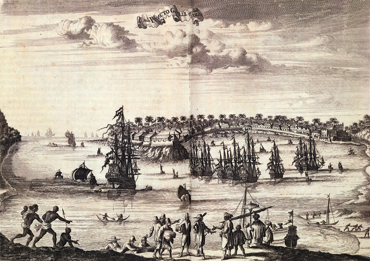 Utsikt över hamnen och staden Galle, publicerad i Amsterdam 1676 av Dutch School