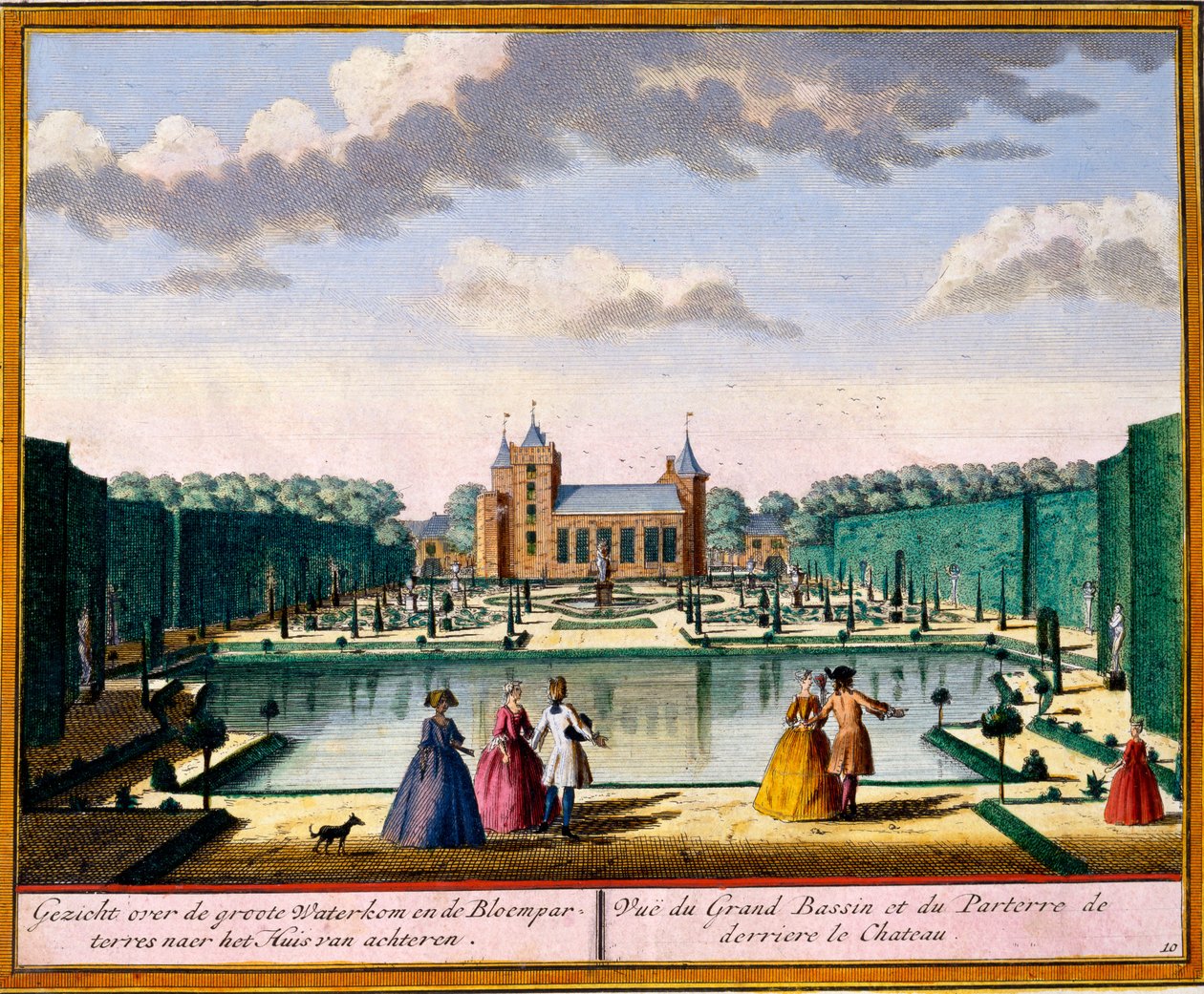 Utsikt över den stora bassängen och parterren på baksidan av huset, från Get Zeganpralent Kennemerland av Hendrik de Leth och Matthias Brouerius Van Nidek, publicerad c.1700-30 av Dutch School