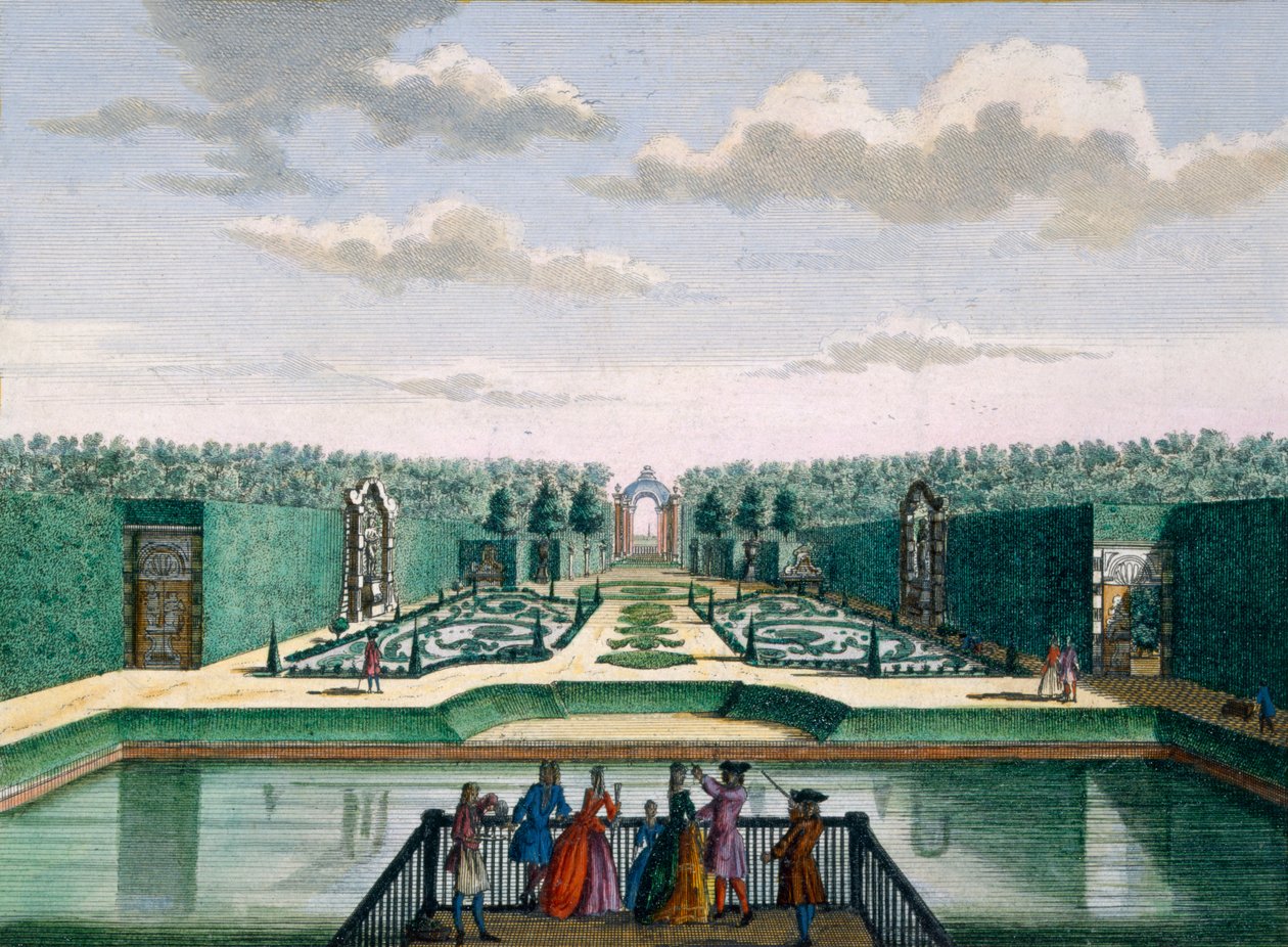 Utsikt över parterren och triumfbågen, Meerestein, från Het Zeganpralent Kennemerlant av Hendrick de Leth och Matthias Brouerius Van Nidek, publicerad ca 1700-1730 av Dutch School