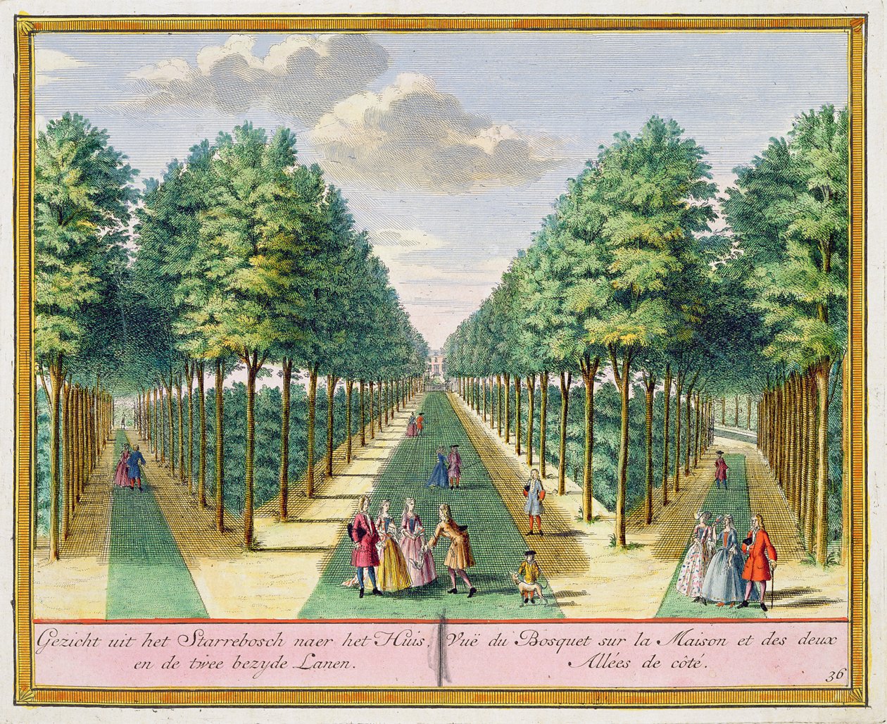 Utsikt över träet till huset och de två sidovägarna, Watervliet, från Het Zegenpralent Kennemerlant, av Hendrick de Leth och Matthias Brouerius Van Nidek, publicerad ca 1700-1730 av Dutch School