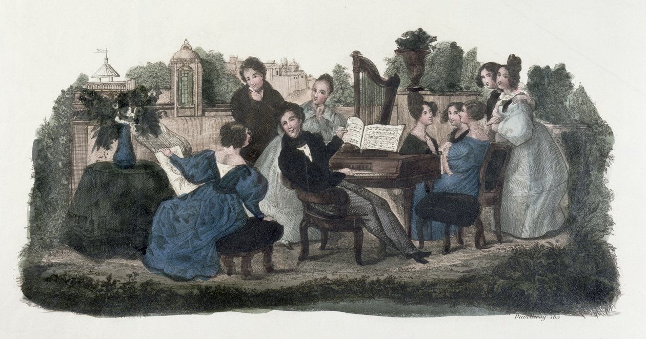 Musikalisk sammankomst i en trädgård, ca 1830 av Duvelleroy