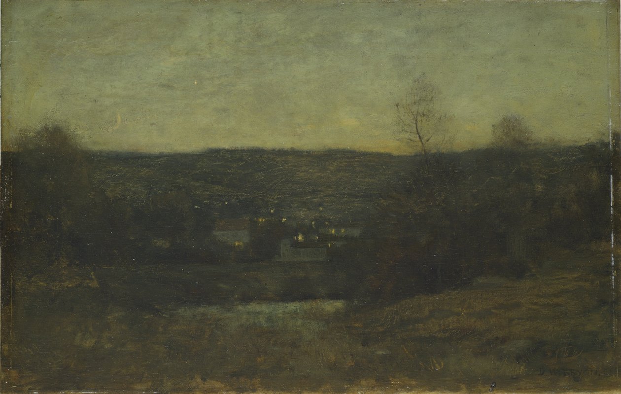 A Lighted Village, ca 1887 (olja på träpanel) av Dwight William Tryon