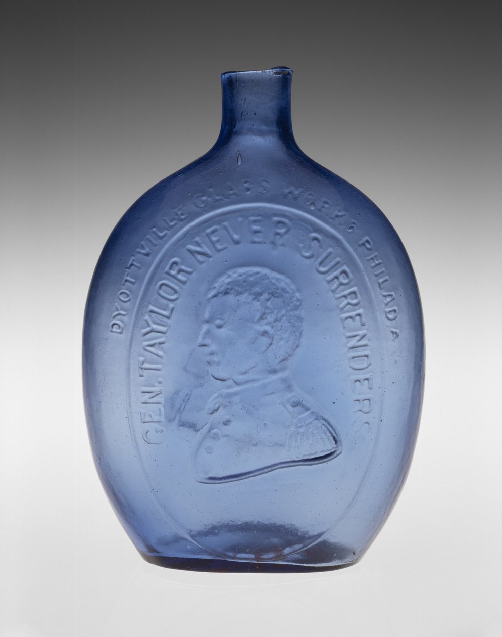 Figurerad kolv, ca. 1847 (icke-bly glas) av Dyottville Glass Works