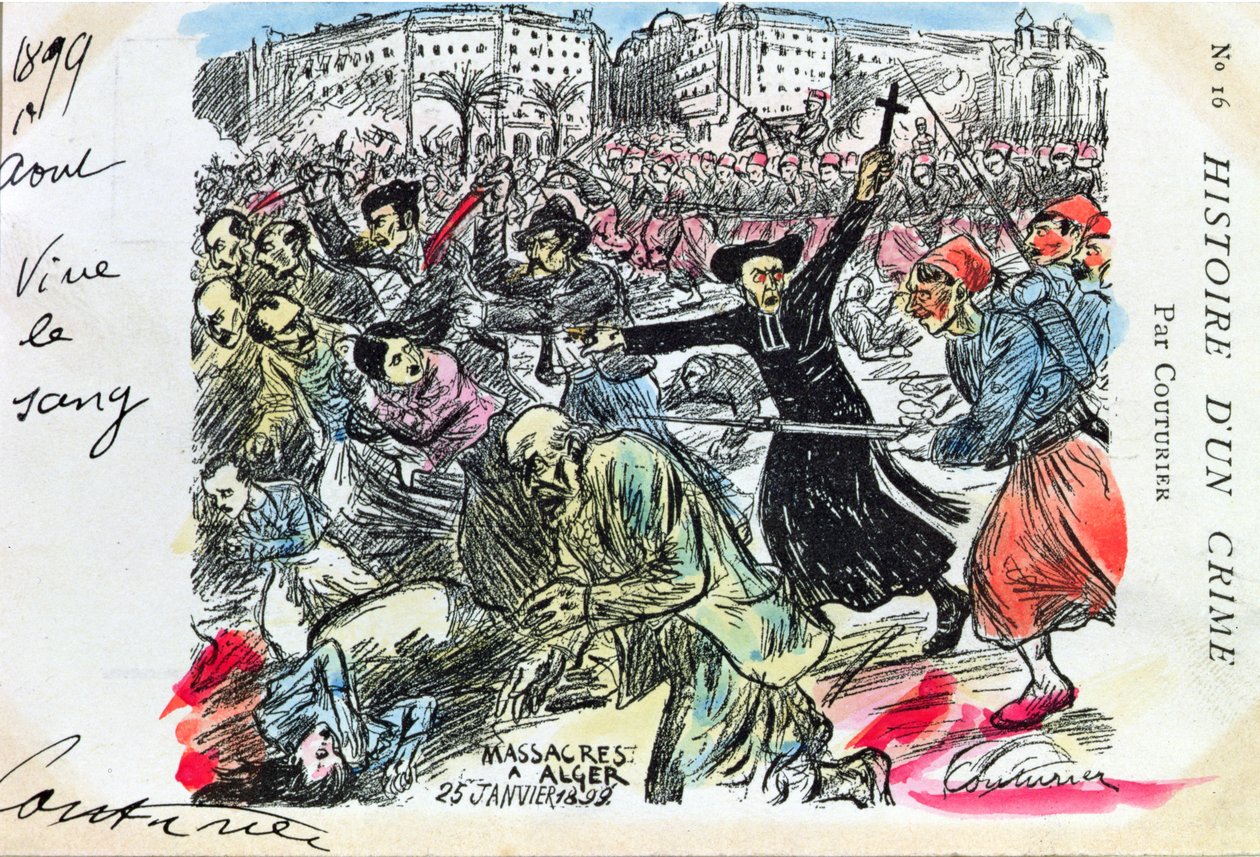 Vykort som visar massakern på judarna i Alger, 25 januari 1899 (färgad litografi) av E. Couturier