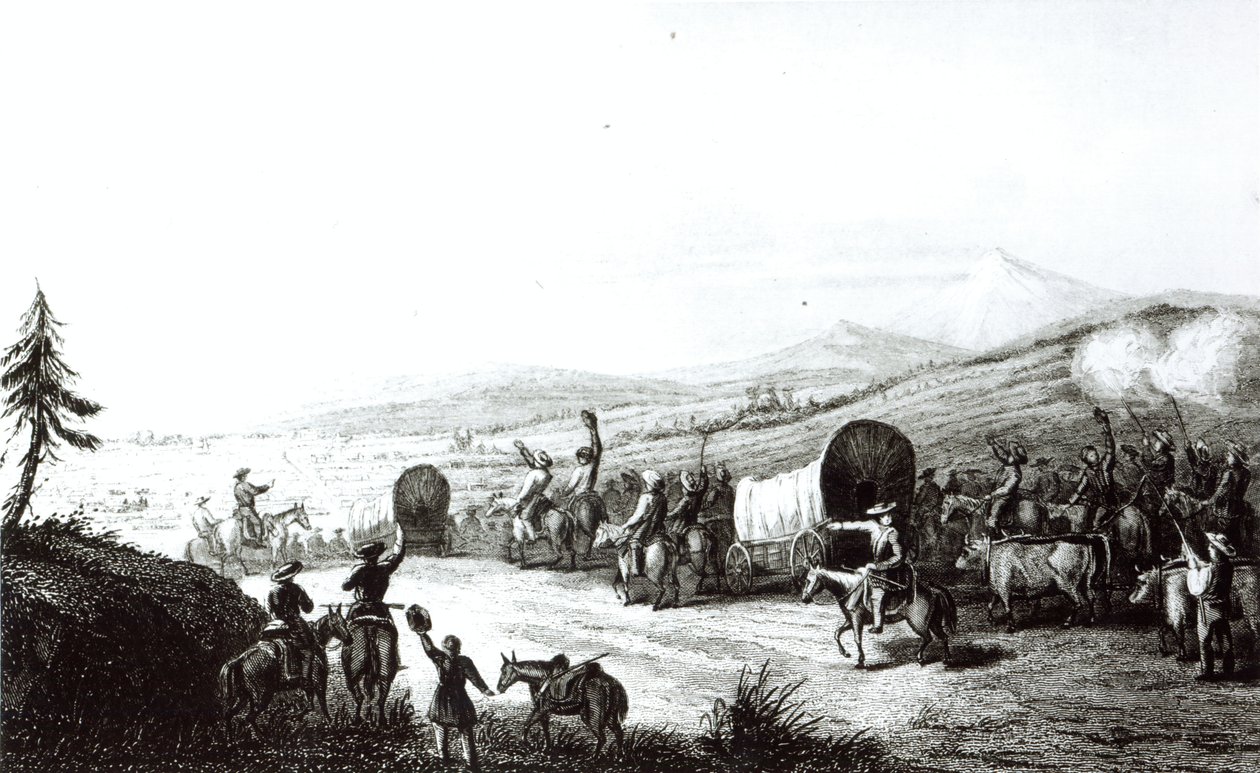 Caravanens ankomst till Sante Fe, graverad av A. L. Dick av E. Didier