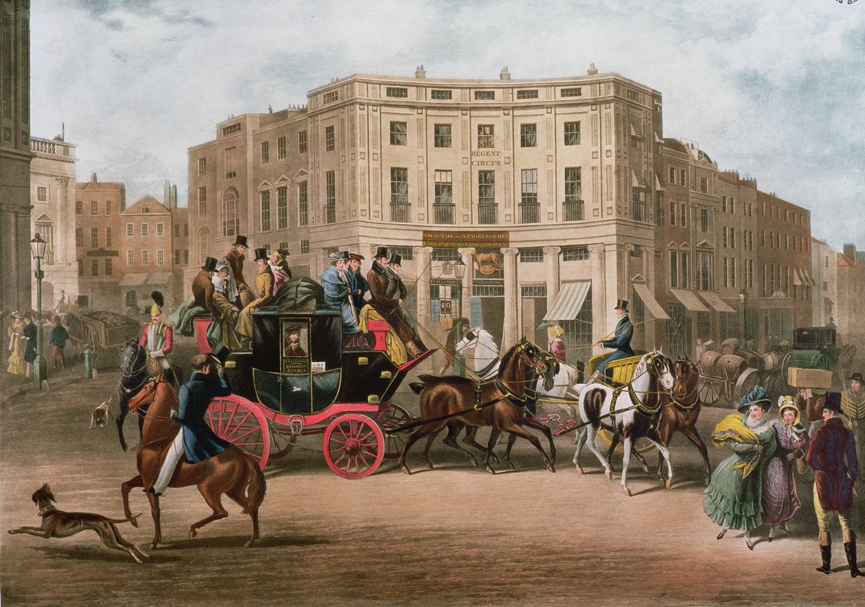 The Age, Brighton Coach at the Bull and Mouth, Regent Circus, Piccadilly, graverad av G.V.C. Jakt, 1829 av E. F. Lambert
