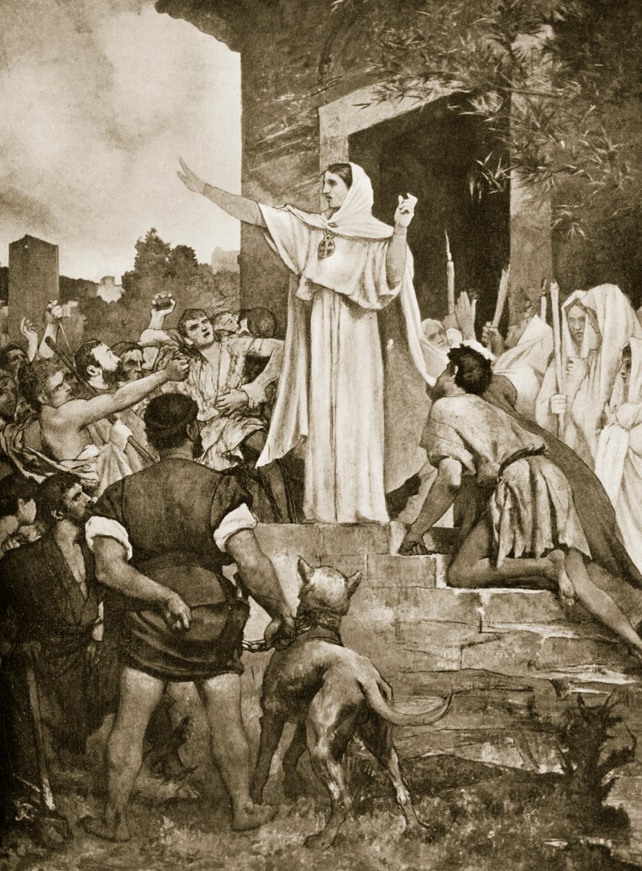 St. Genevieve lugnar parisarna när Attila närmade sig, illustration från 
