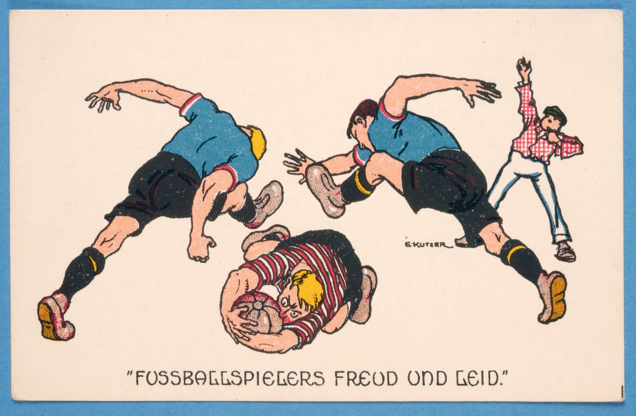 Fotbollsspelaren Freud un Leid, vykort föreställande fotbollsspelare av E. Kutzer