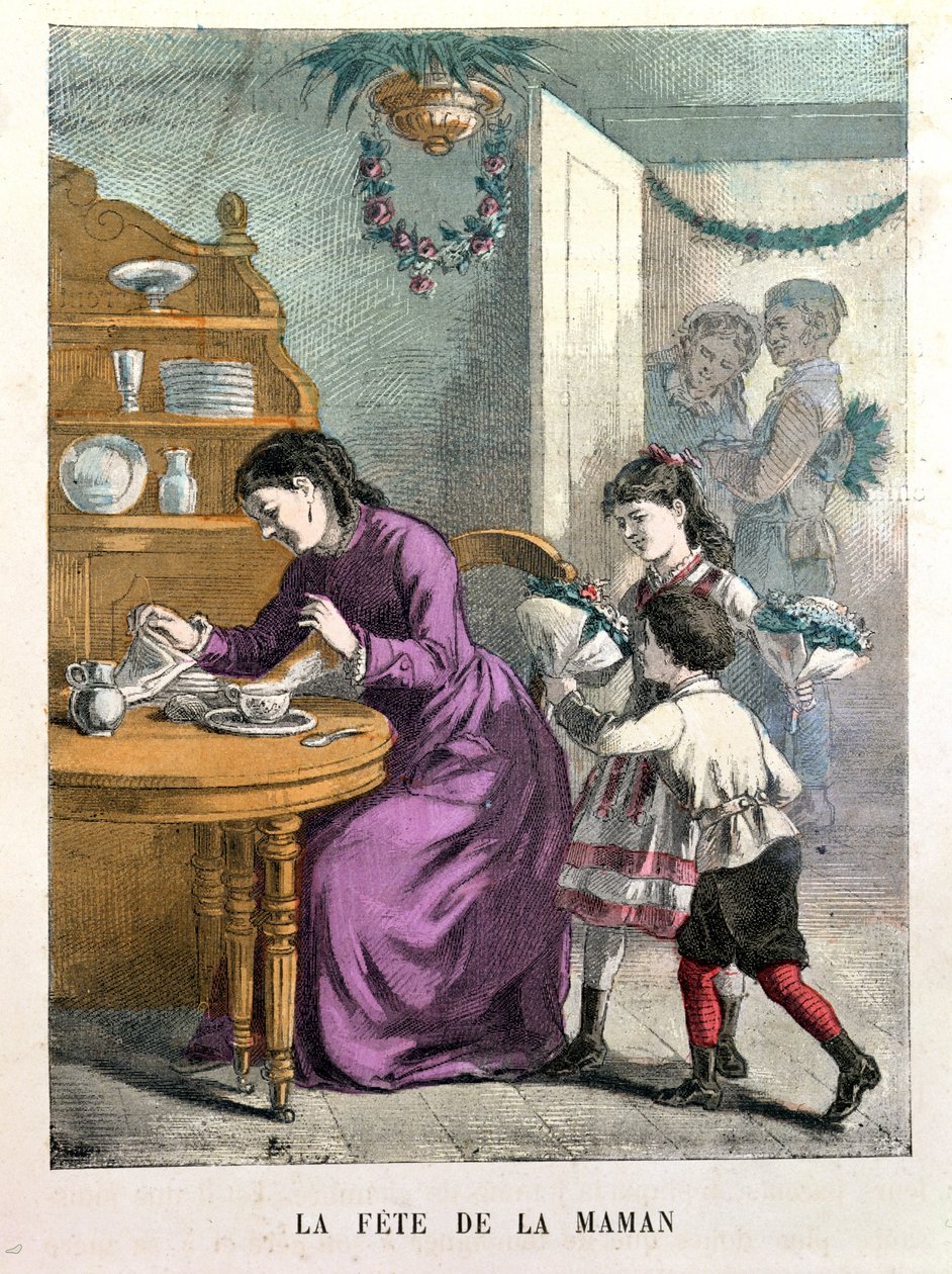 La Fete de la Maman, illustration från Beaux Jours et Fetes des Petits Enfants av A. des Tilleuls, slutet av 1800-talet. av E. Morel