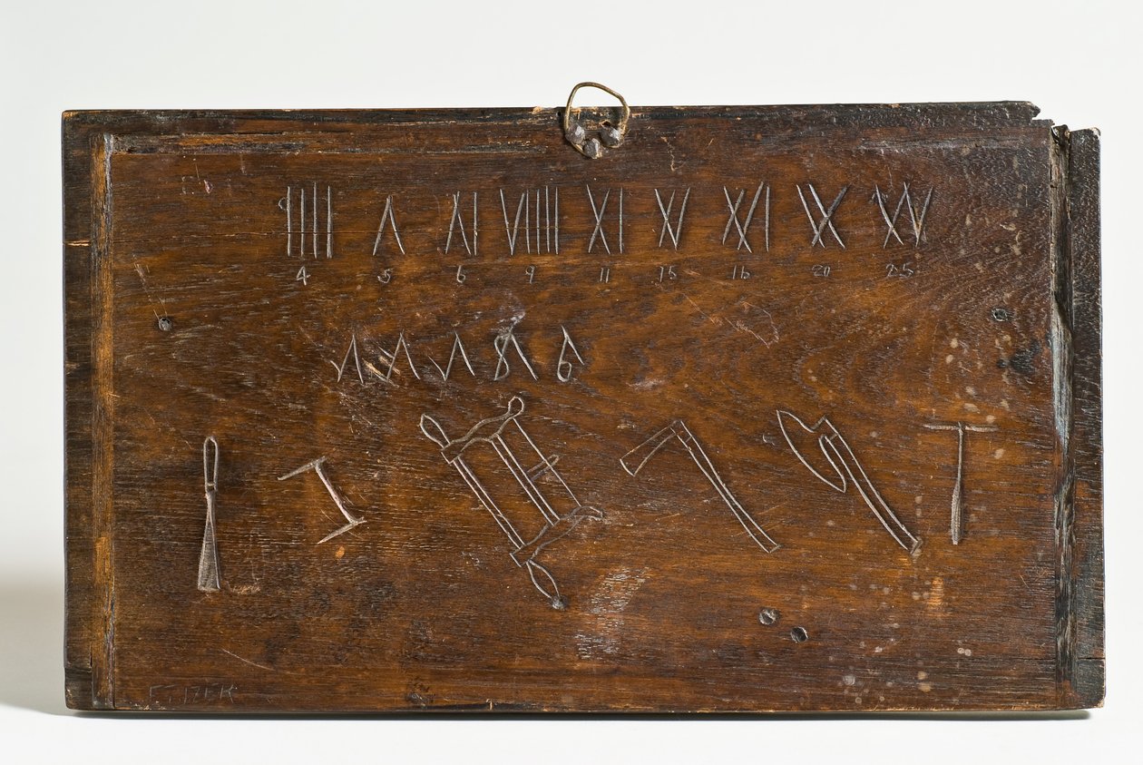 Panel med romerska siffror (eventuellt inskrivna med en tävlingskniv), okända symboler och konturer av en mejsel, ram- eller bågsåg, yxor och en snigel (ek) (verso av 701106). av E. Tijzer