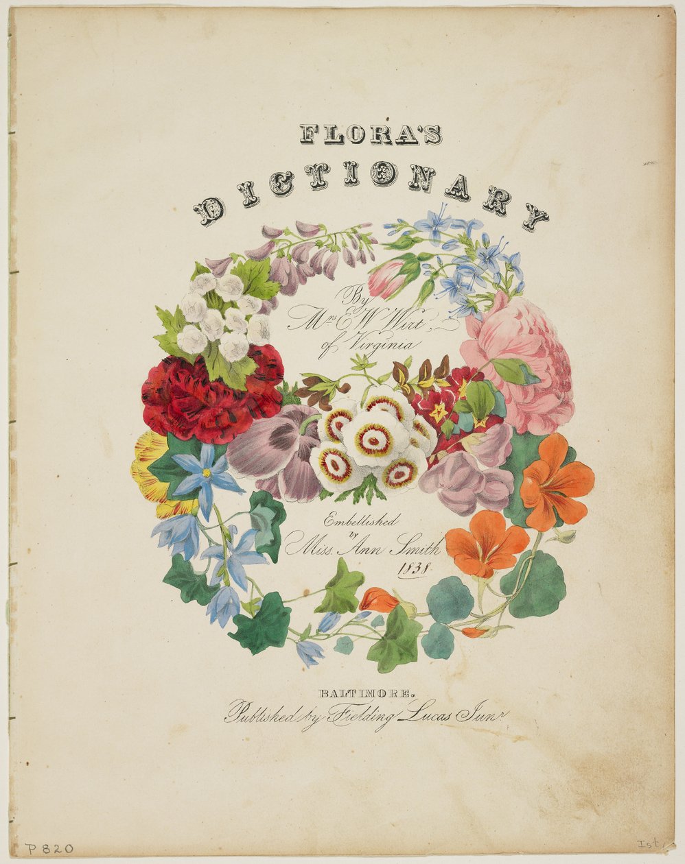 Frontispice och titelsida, krans av blommor, från Floras ordbok, 1838 av E. W. Wirt