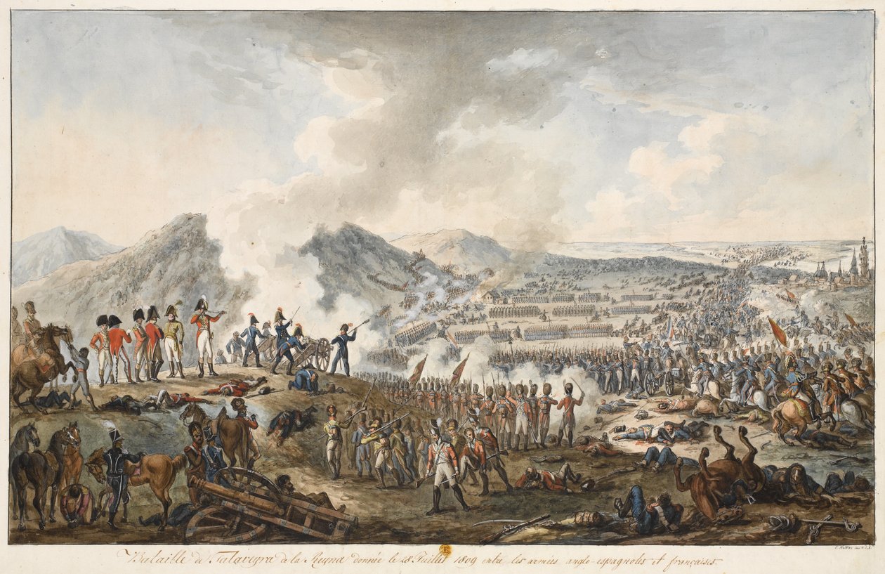 Slaget vid Talavera, 28 juli 1809, 1809 (penna och bläck med wc på papper) av E. Walker