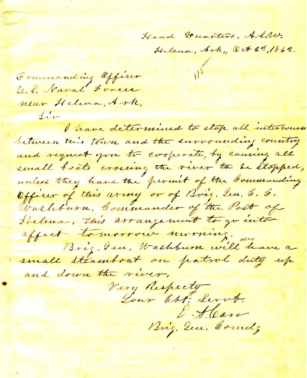 Letter from E. A. Carr, Helena, Arkansas, to the commanding officer of U. S. Naval forces near Helena, Arkansas, October 2, 1862 av E.A. Carr