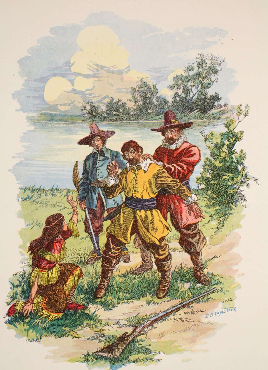 Han greps av baksidan av kragen, illustration från "Pocahontas: A Princess of the Woods" av Edward S. Ellis, pub. McLoughlin Brothers, New York, ca 1912 av E.B. Comstock