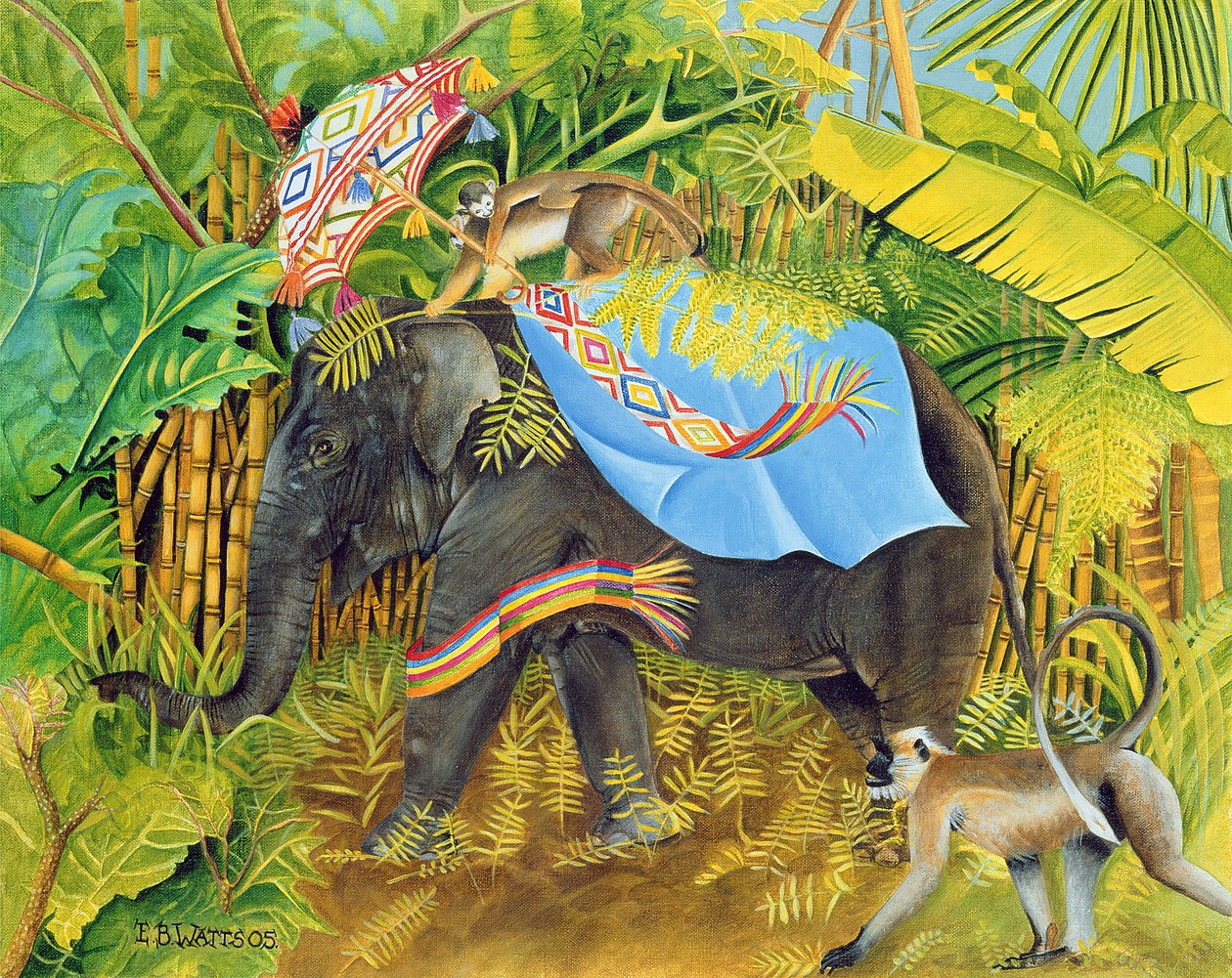 Elefant med apor och parasoll, 2005 (akryl på duk) av E.B. Watts