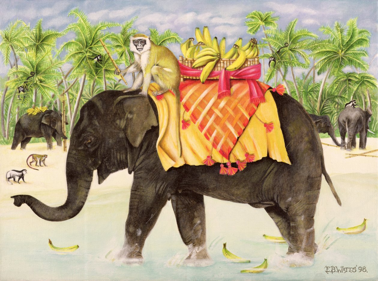 Elephants with Bananas, 1998 (akryl på duk) av E.B. Watts