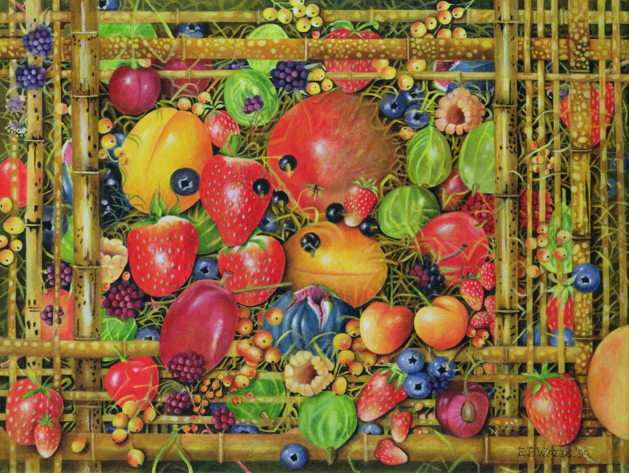 Fruit in Bamboo Box, 1999 (akryl på duk) av E.B. Watts