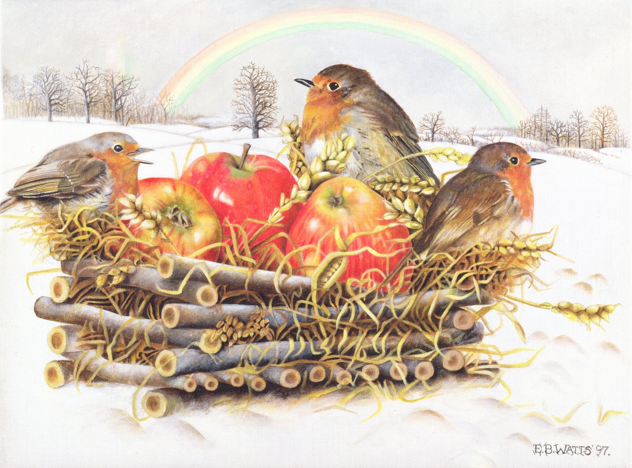 Robins with Apples, 1997 (akryl på duk) av E.B. Watts