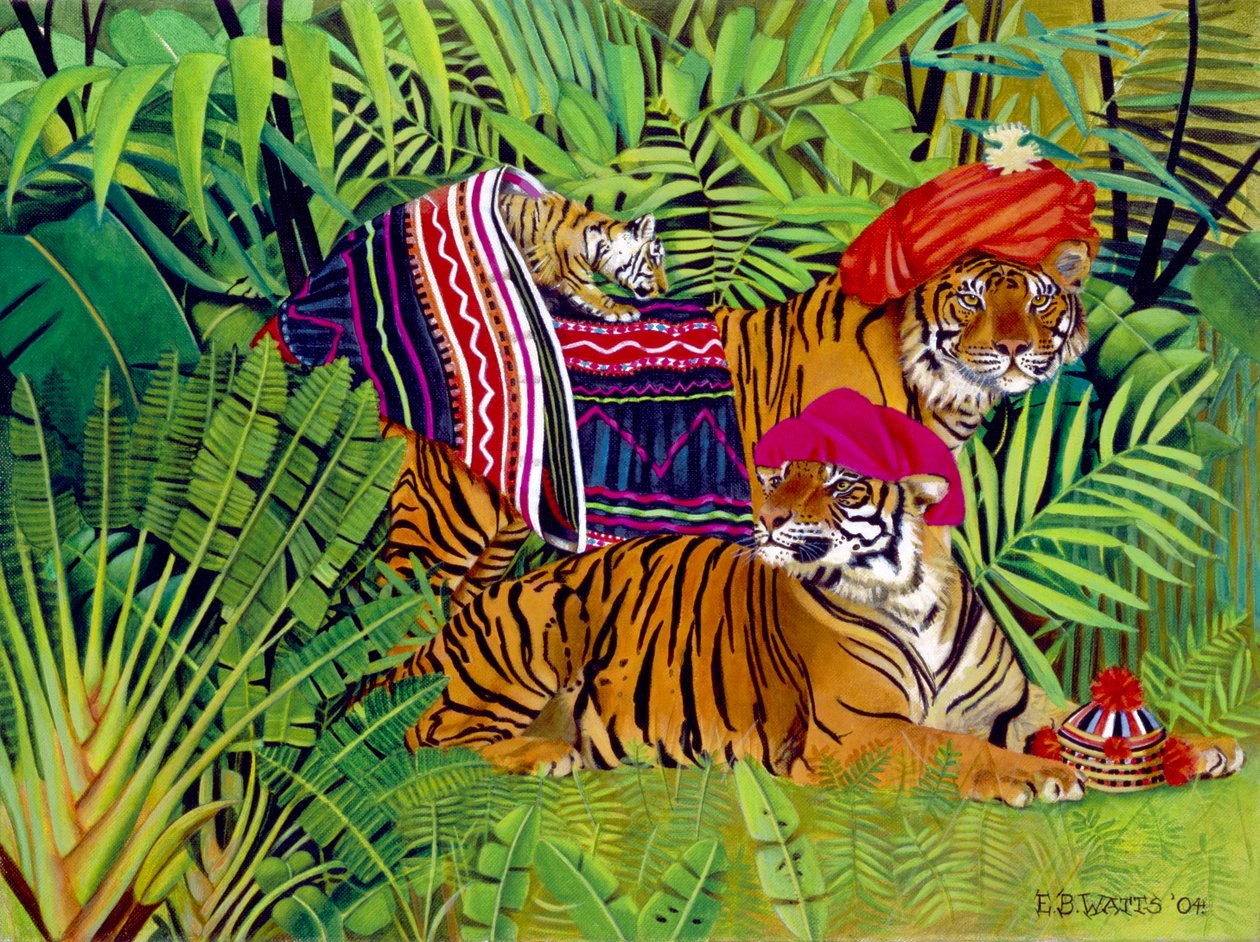 Tigerfamilj med thailändska kläder, 2004 (akryl på duk) av E.B. Watts