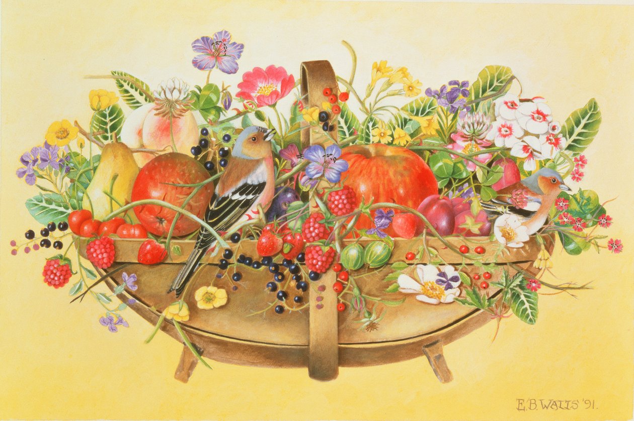 Trug med frukt, blommor och bofinkar, 1991 (akryl) av E.B. Watts