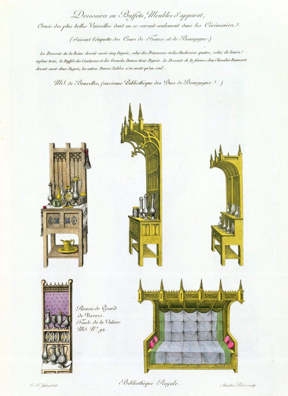 Franska och burgundiska möbler från 1400-talet, från Monuments Francais, litografi av Amedee Peree, 1839 av E.F. Imbard