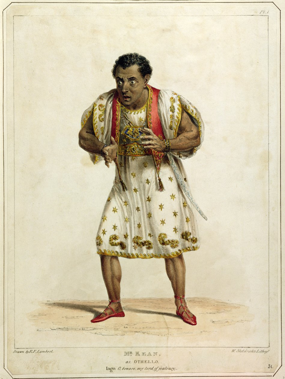 Porträtt av Mr Edmund Kean (1787-1833) som Othello, graverad av W. Sheldricks (färgad litho) av E.F. Lambert