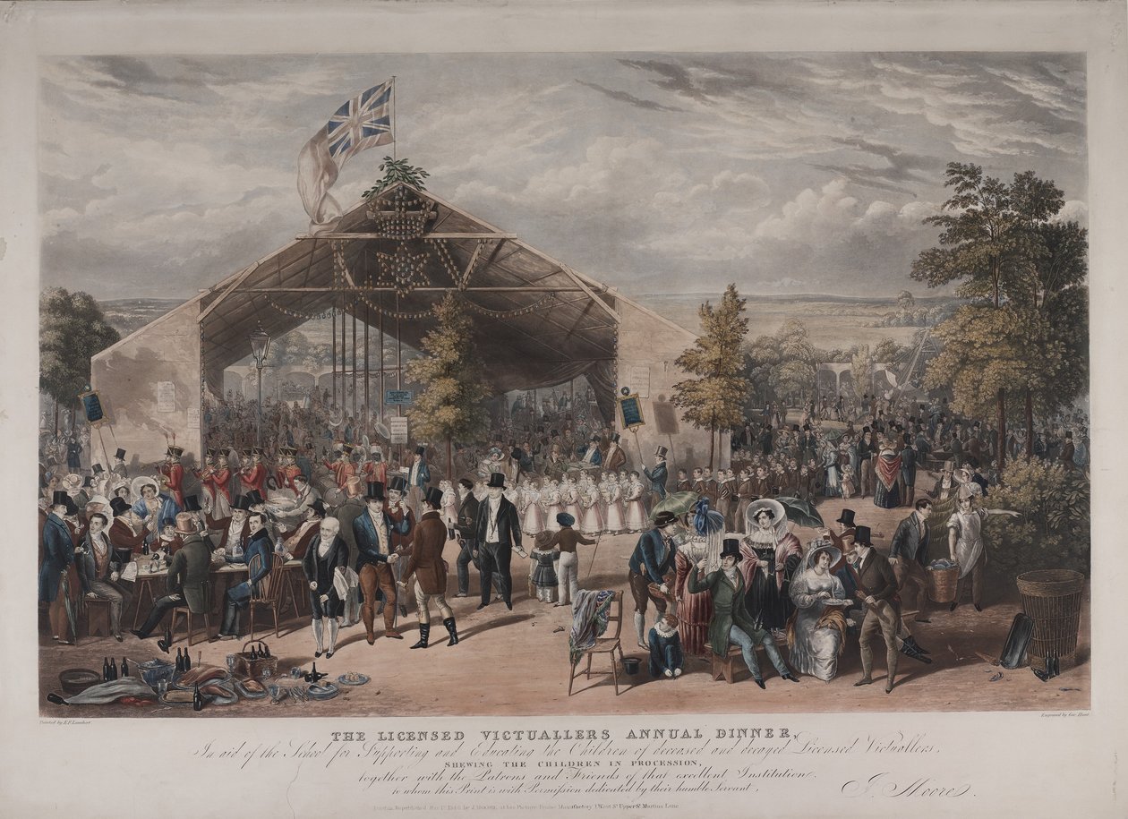 Utsikt över Licensed Victuallers årliga middag på Mermaid Tavern, Hackney, 1866 (akvatint) av E.F. Lambert
