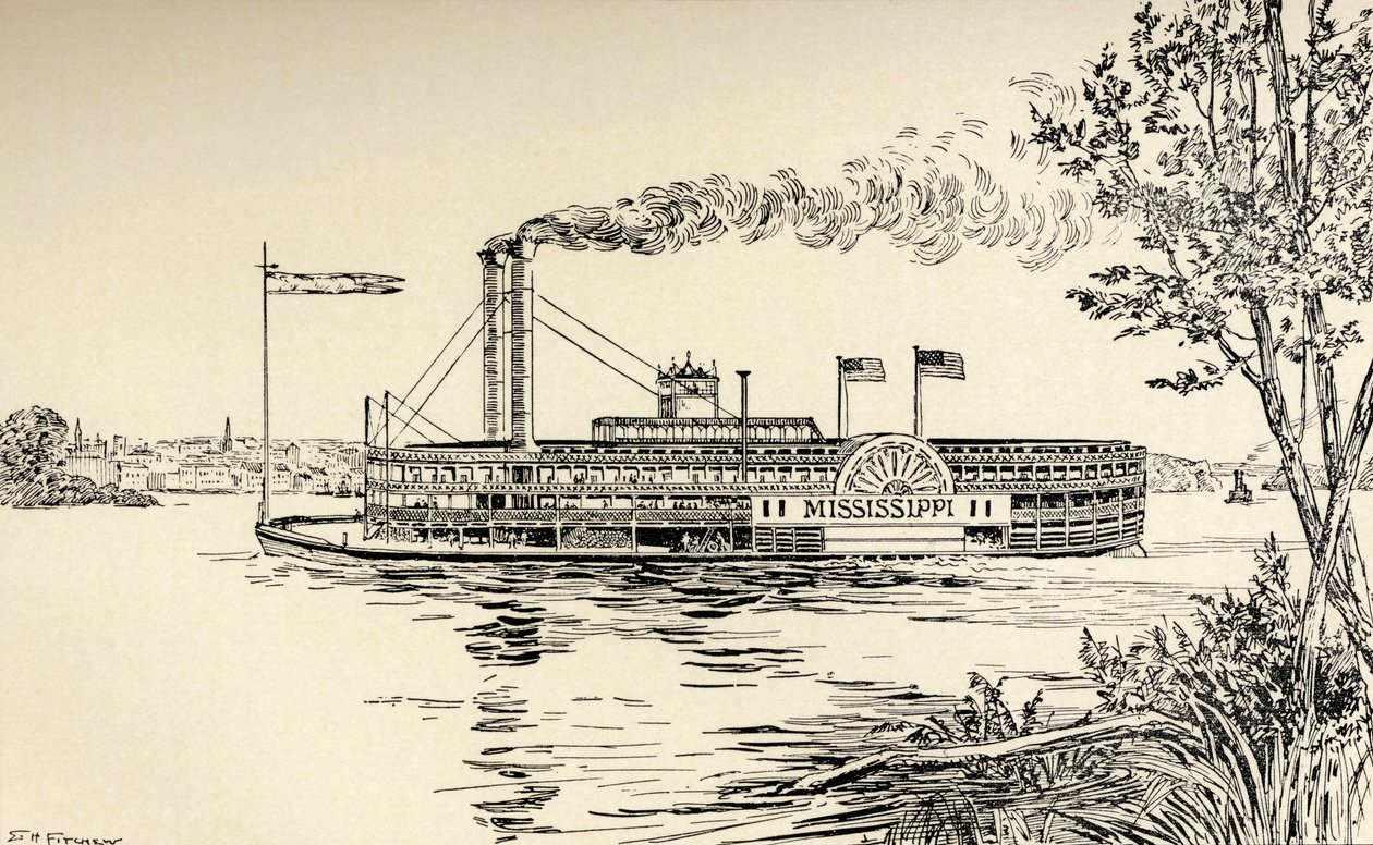 En Mississippi Steamer utanför St. Louis, från "American Notes" av Charles Dickens av E.H. Fitchew