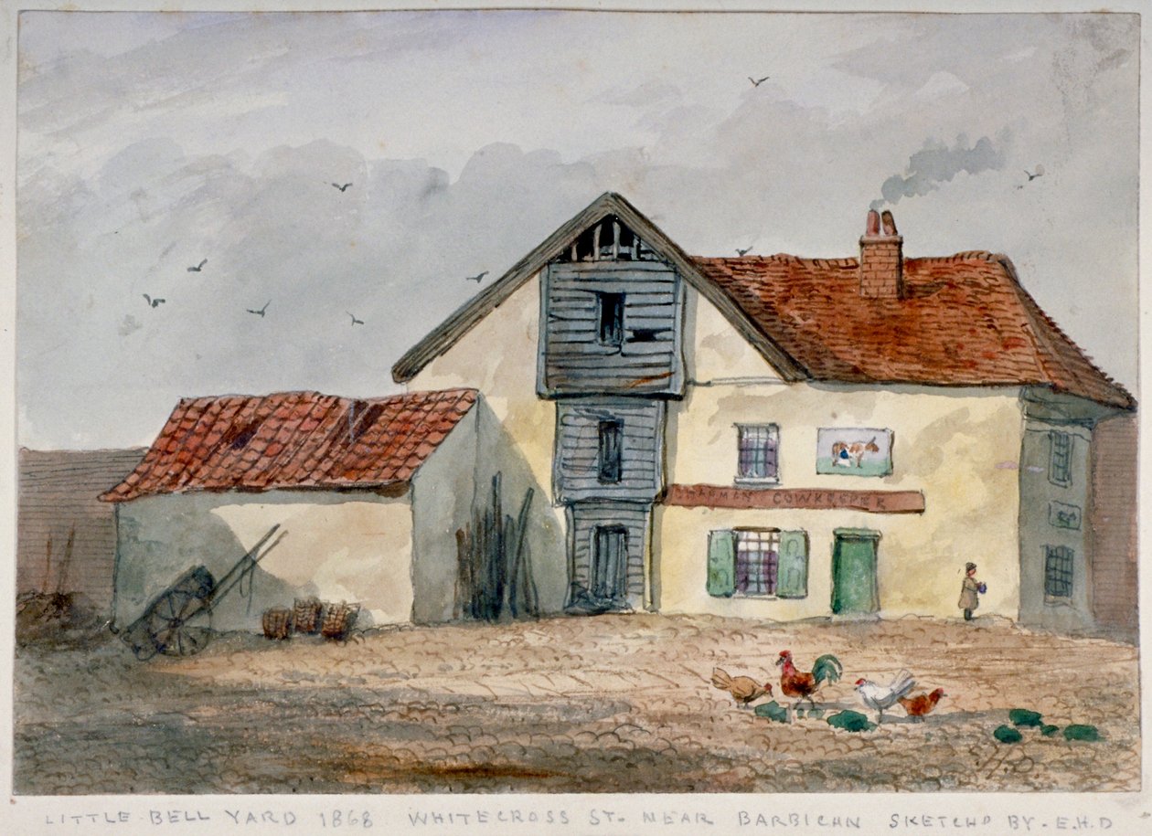 Utsikt över Little Bell Yard, Whitecross Street, med kycklingar i förgrunden, London, 1868 av EH Davies