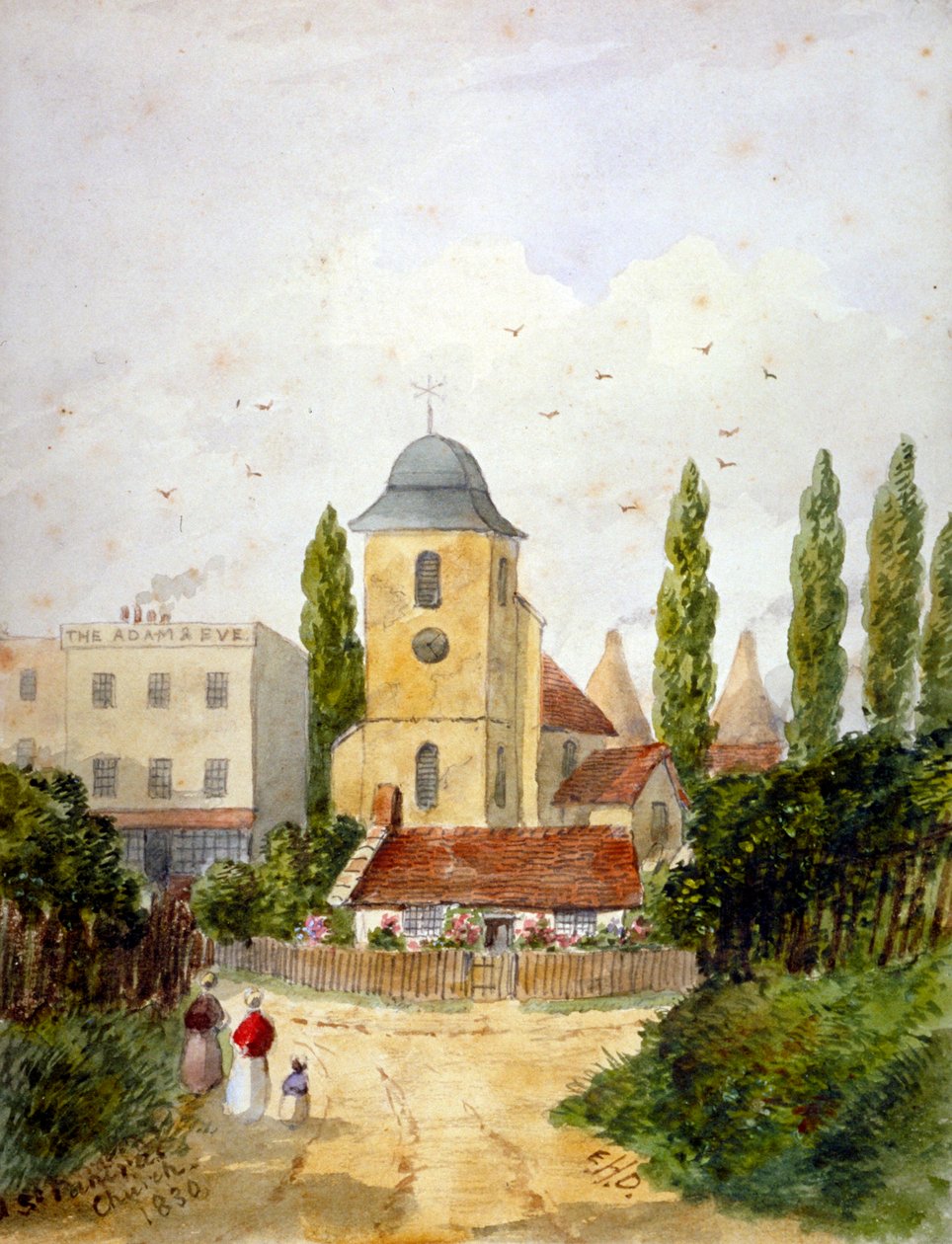 St Pancras Old Church och Adam and Eve Tavern, London, 1830. av EH Dixon