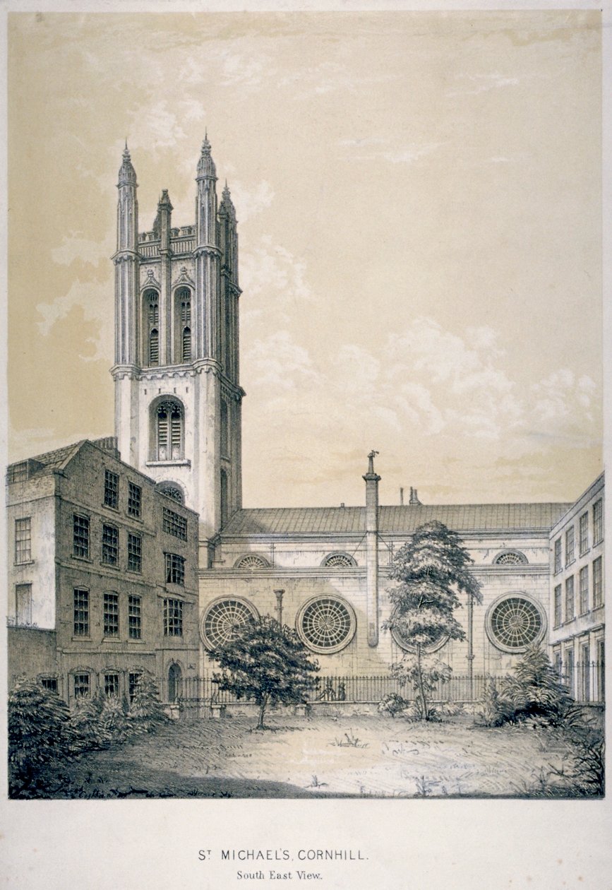Sydostvy av Church of St Michael, Cornhill, City of London, 1840 av EJ Dickinson