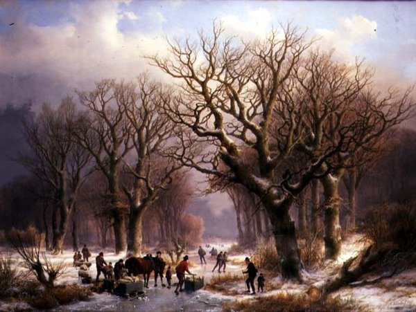 Ett vinterlandskap (olja på duk) av E.J. and Klombeck J.B. Verboeckhoven