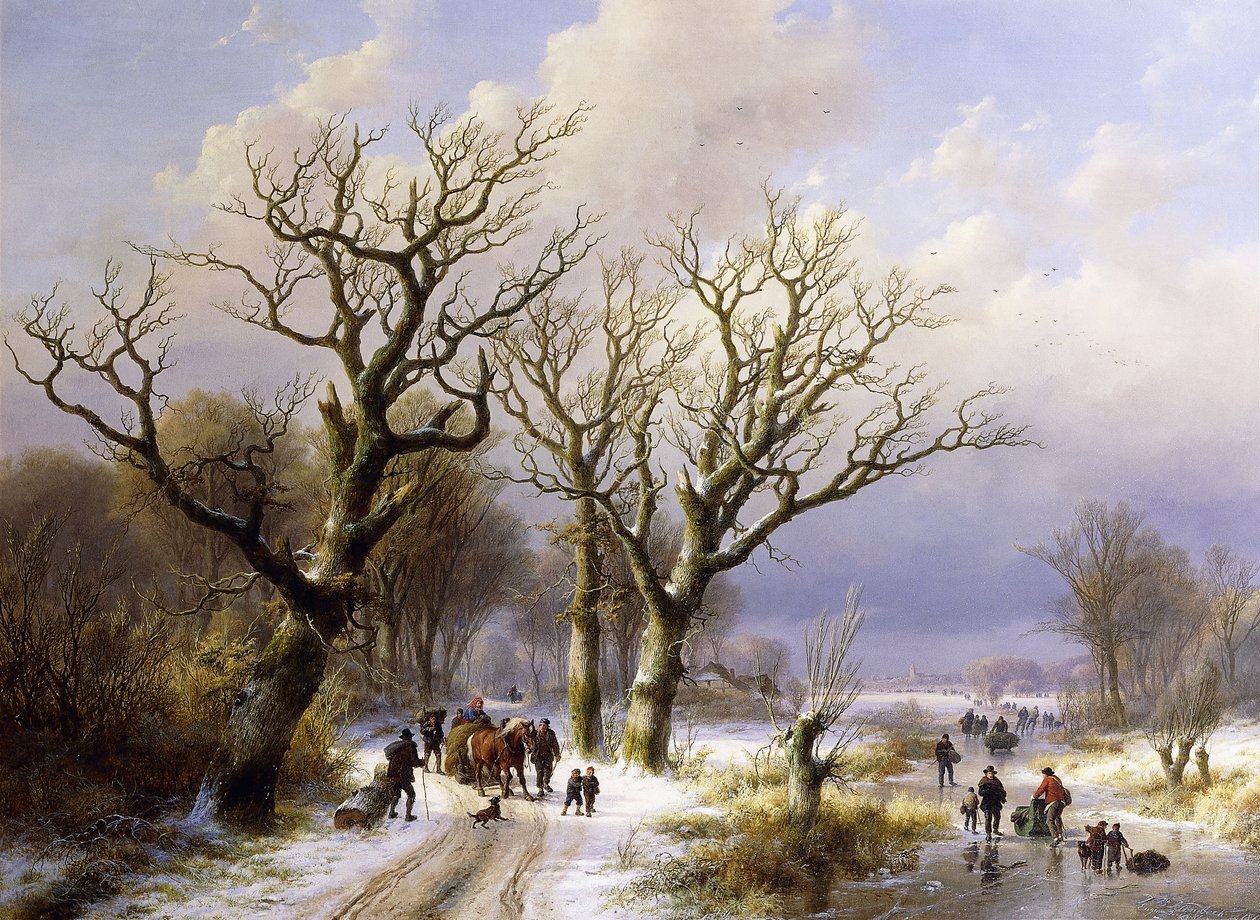 Ett trädbevuxet vinterlandskap med figurer, 1863 av E.J. Verboeckhoven